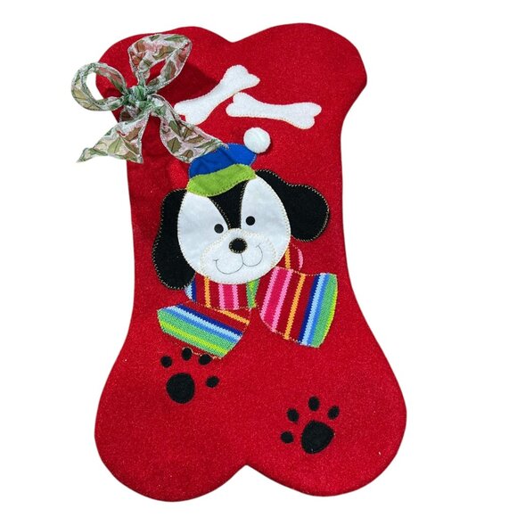 Dog Bone-Shaped Christmas Stocking With Cute Dog Appliqué & Bow - Picture 1 of 3